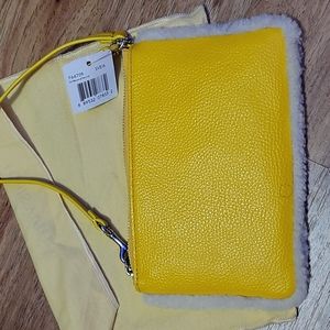 Coach small leather  wristlet faux fur banana yellow